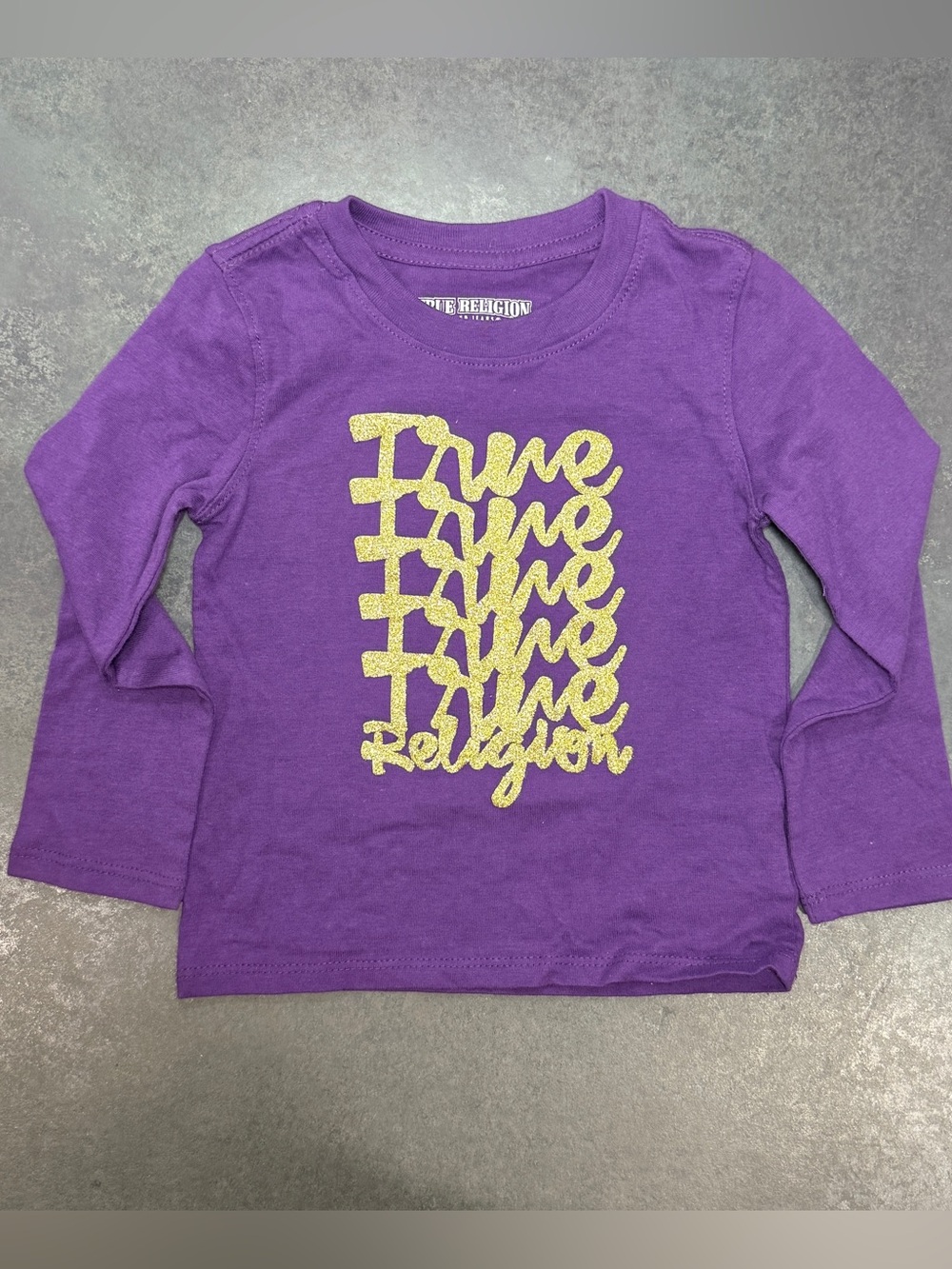 True Religion Purple Gold Glitter Script Logo Long Sleeve Tee Top Shirt 24M